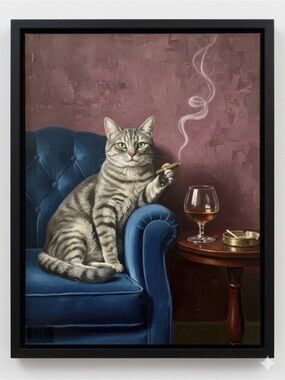 Cool Cat Smoking Cigar Painting Framed 8x10 Art
